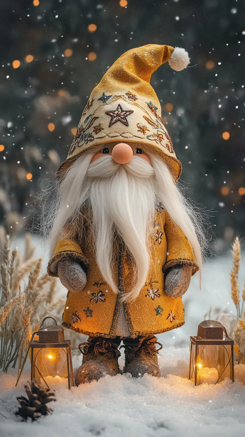 Whimsical Winter Gnome With Lanterns In Falling Snow