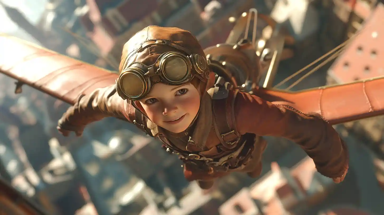 Joyful young aviator flying above a steampunk city