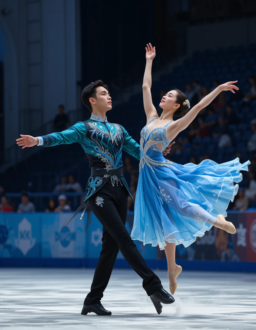 Asian figure skating pair performing a dynamic lift