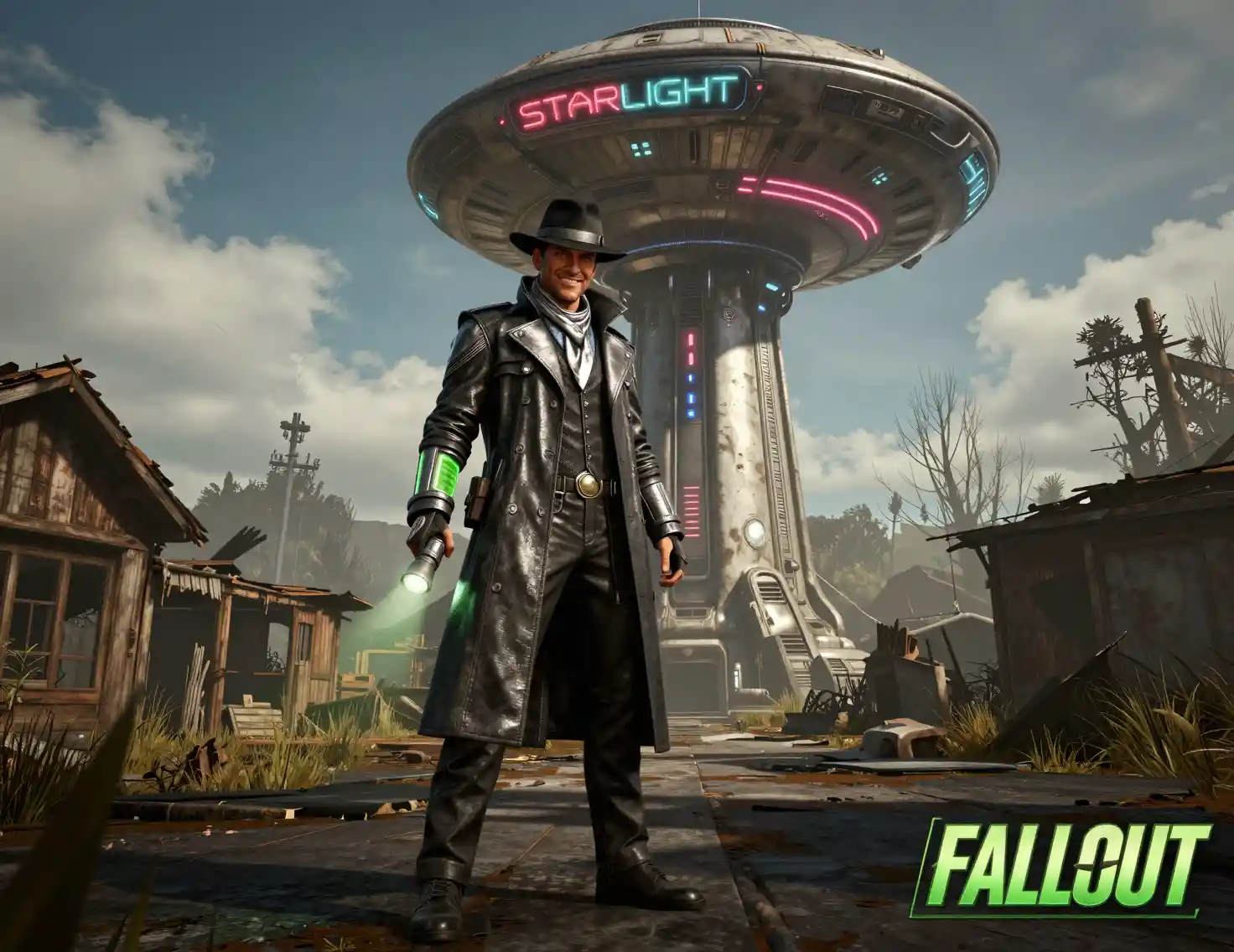 Sci fi detective in trench coat under starlight tower