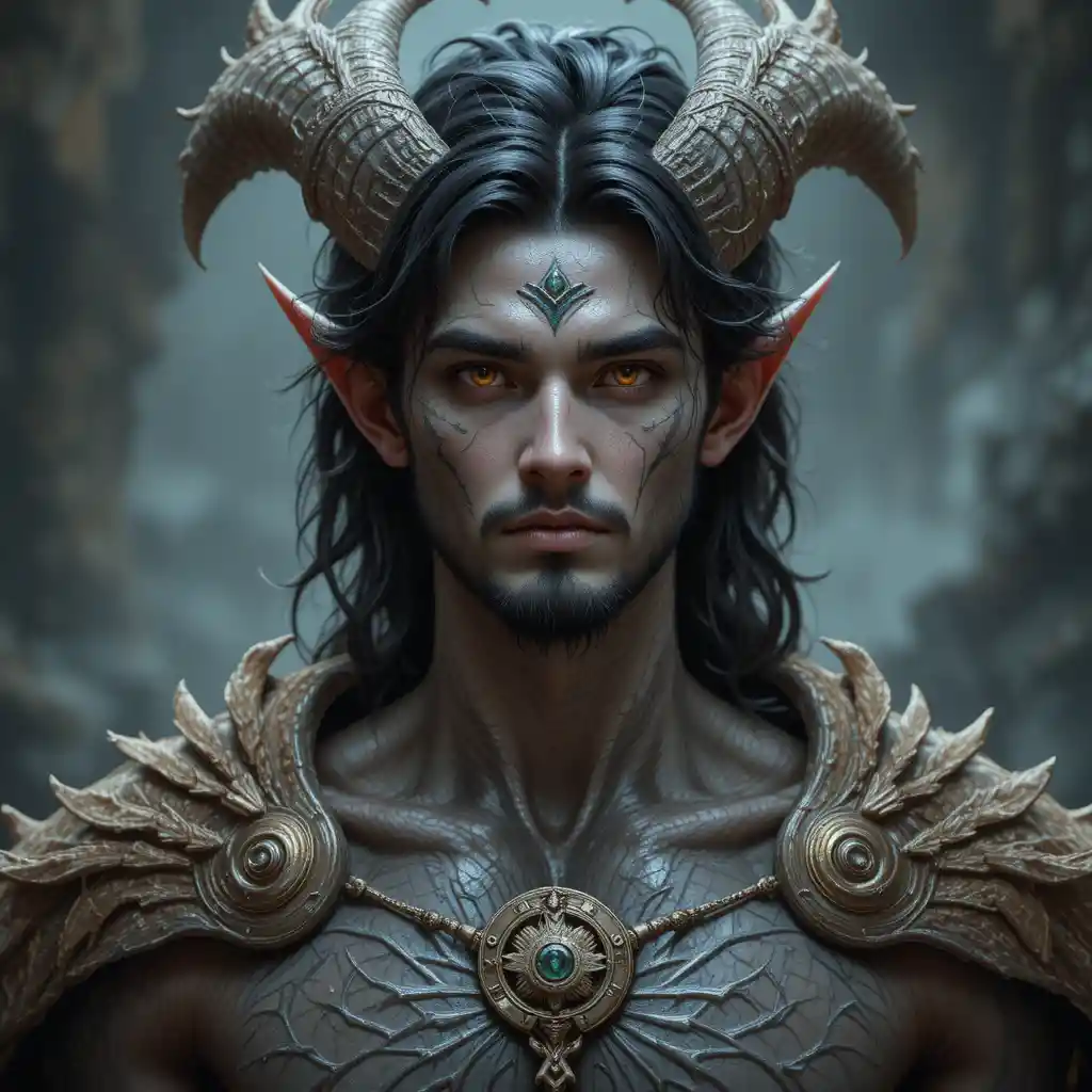 Dragon man with dark hair and burning amber eyes