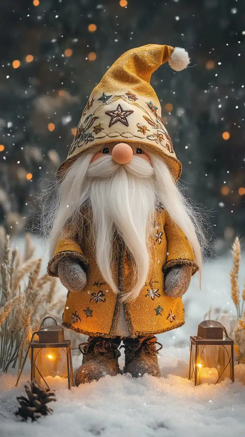 Whimsical Winter Gnome With Lanterns In Falling Snow