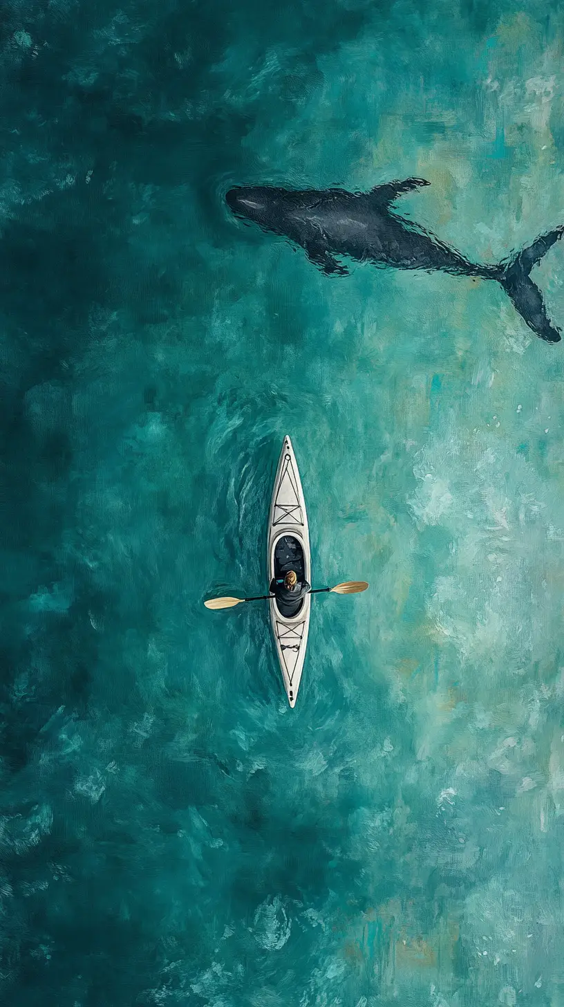 Aerial oil painting of a lone kayak over a whale