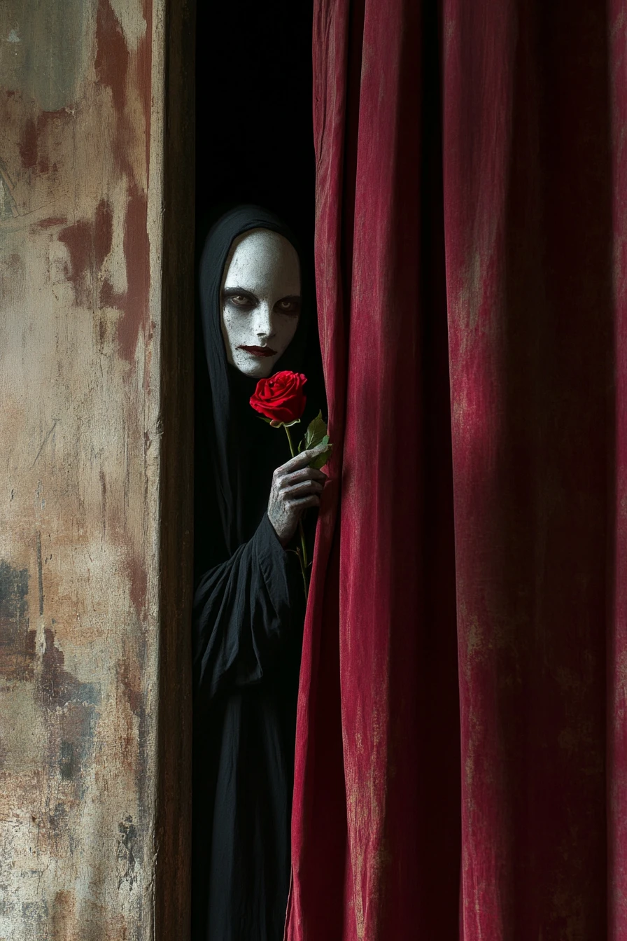 Ghostly figure behind curtain offering a single red rose
