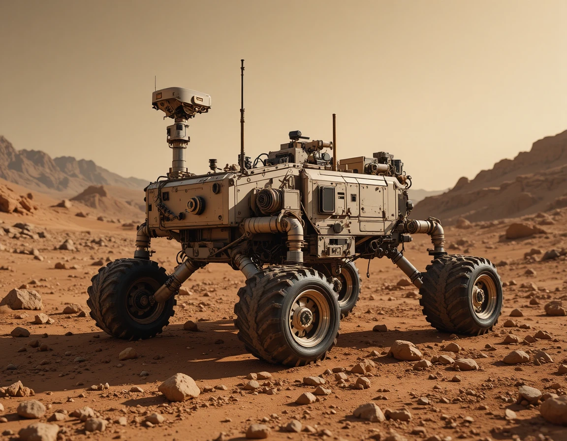 Mars exploration rover crossing a rugged rocky landscape