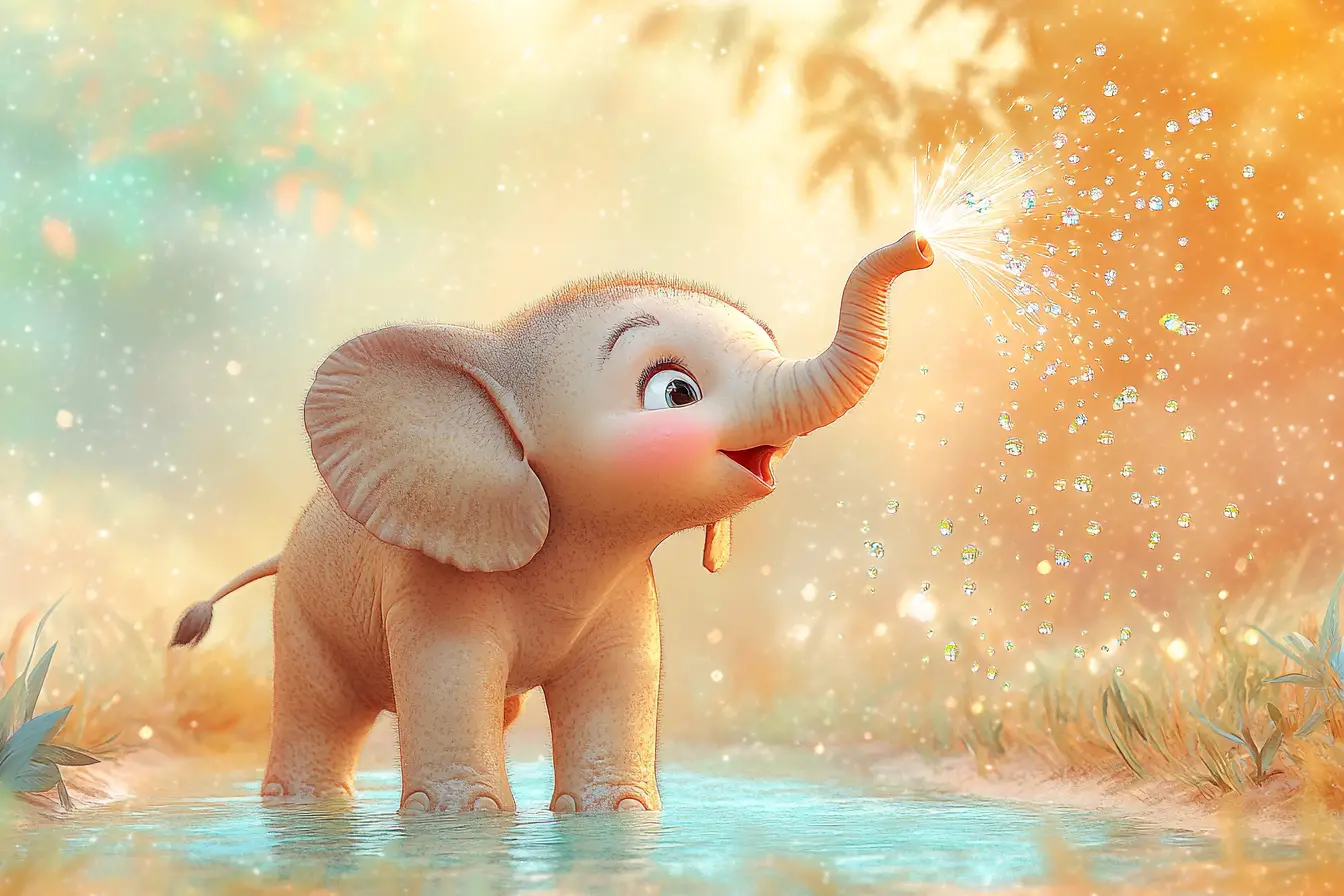 Baby elephant splashing rainbow water in jungle dawn pool