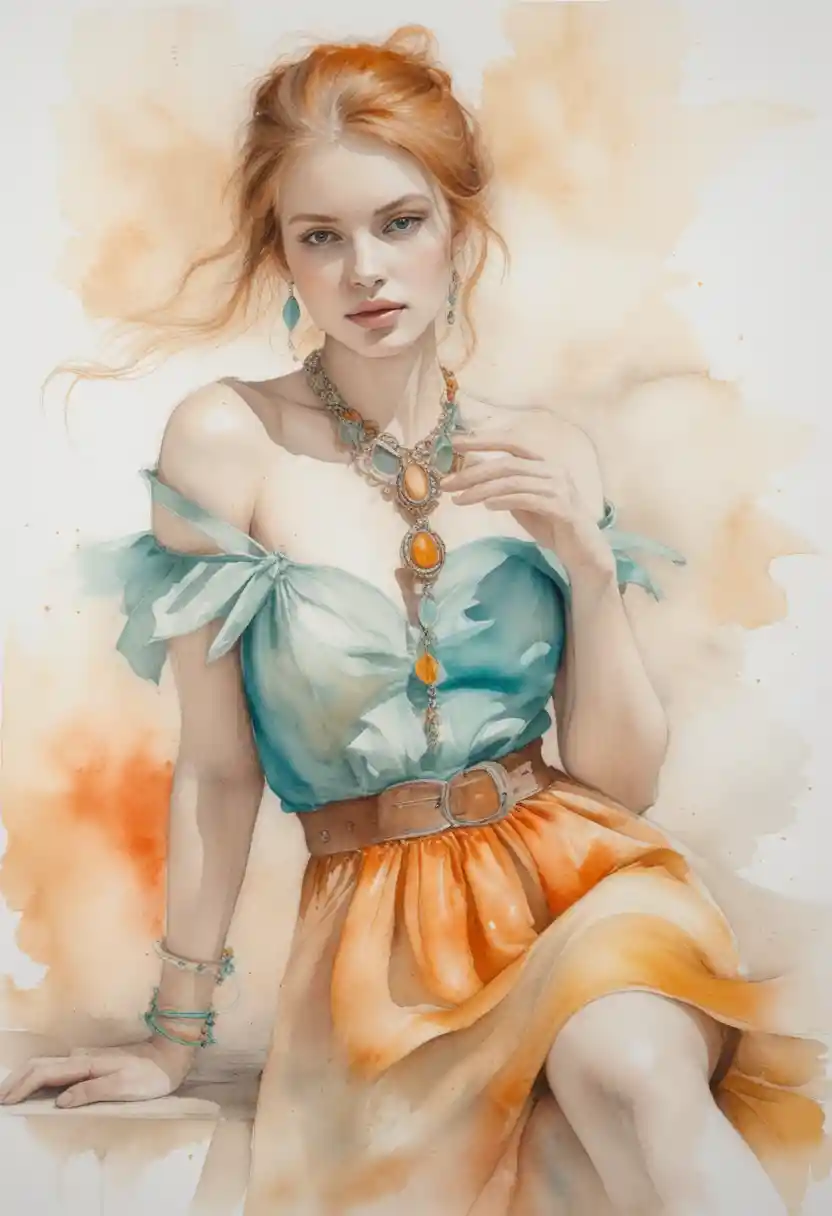 Chica pelirroja soñadora sentada con un colorido vestido boho