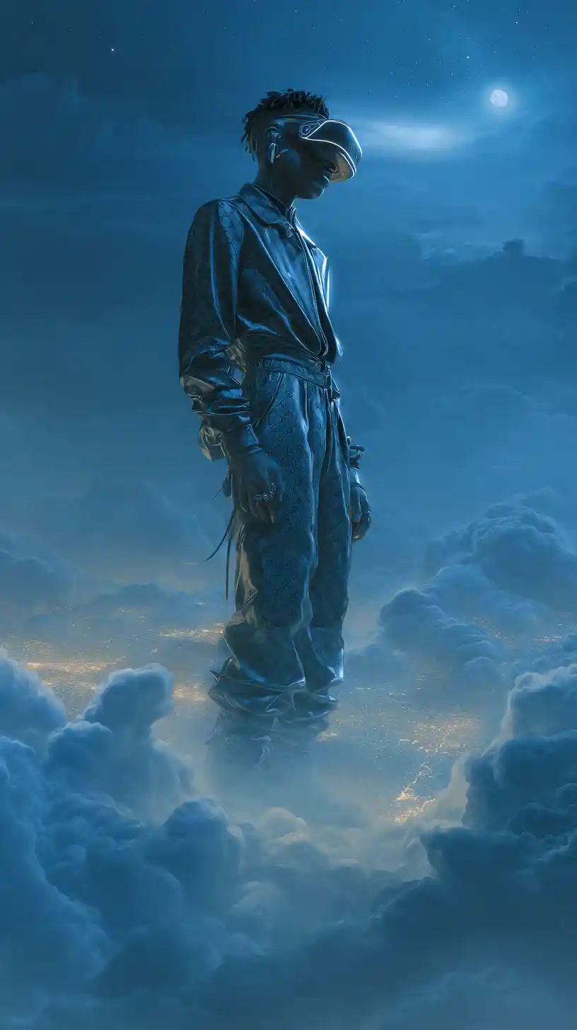 Afrofuturistic man floating above glowing night clouds