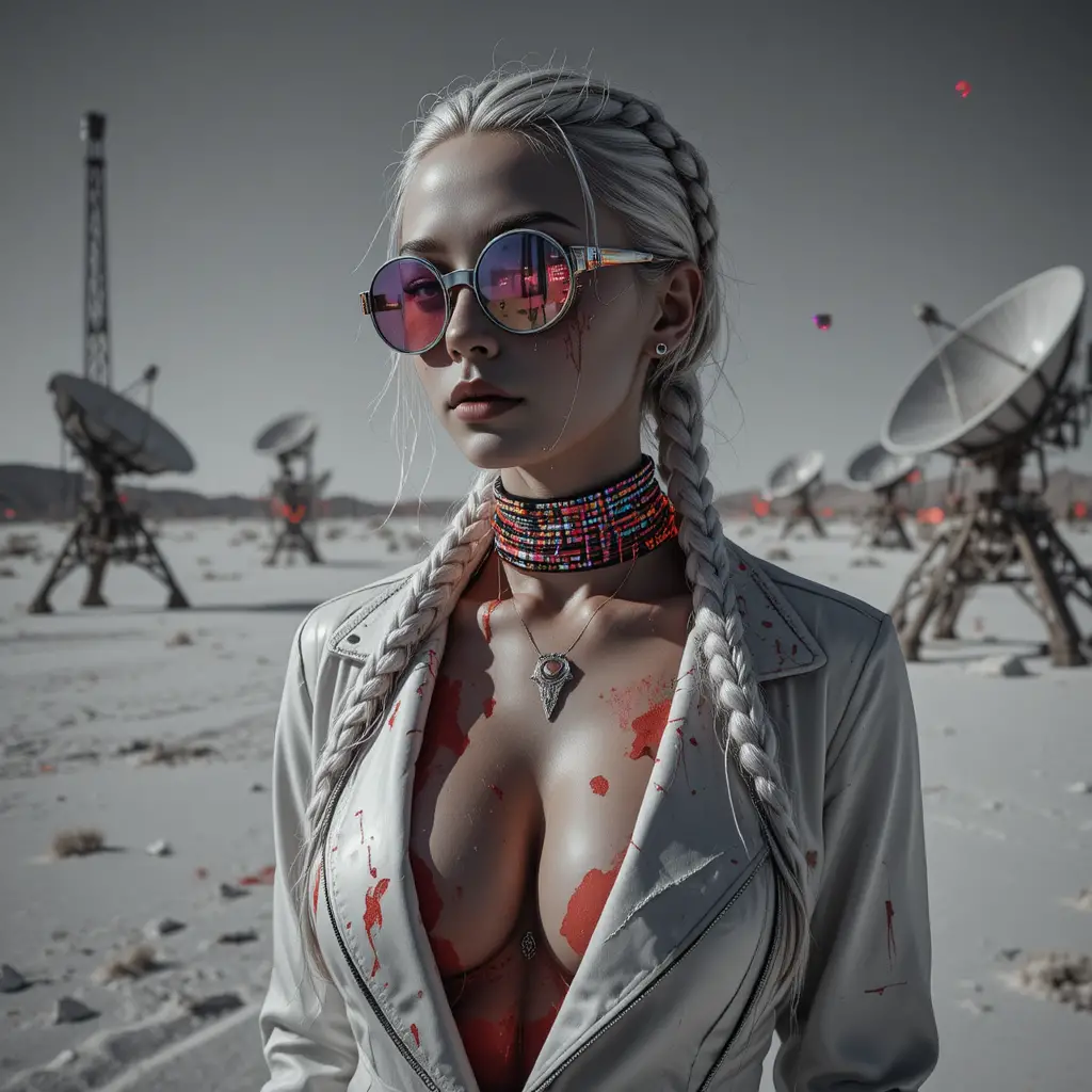 Cyberpunk femme fatale on blinding salt flat graveyard