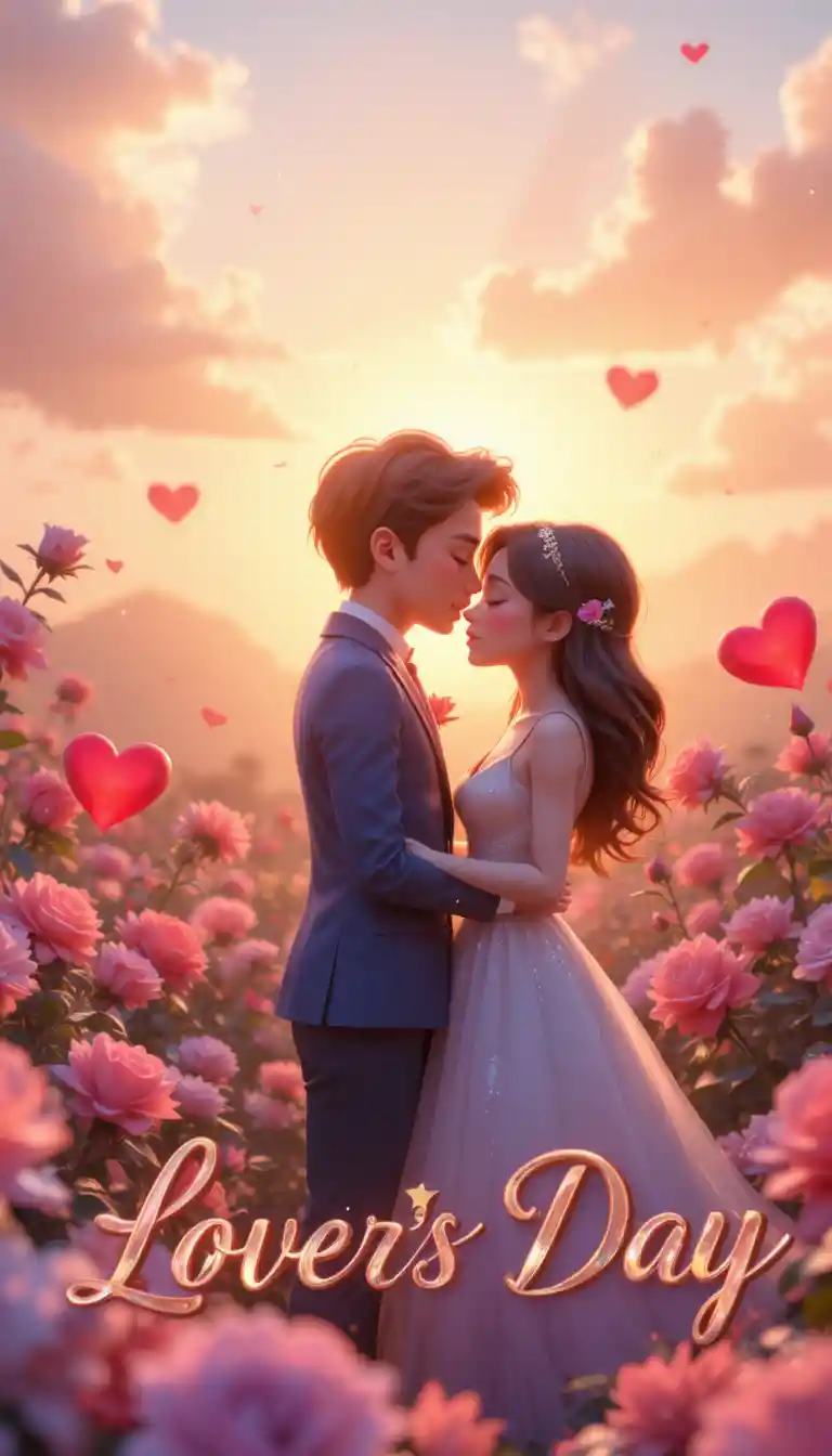 Romantic 3D couple kissing at sunset in rose garden