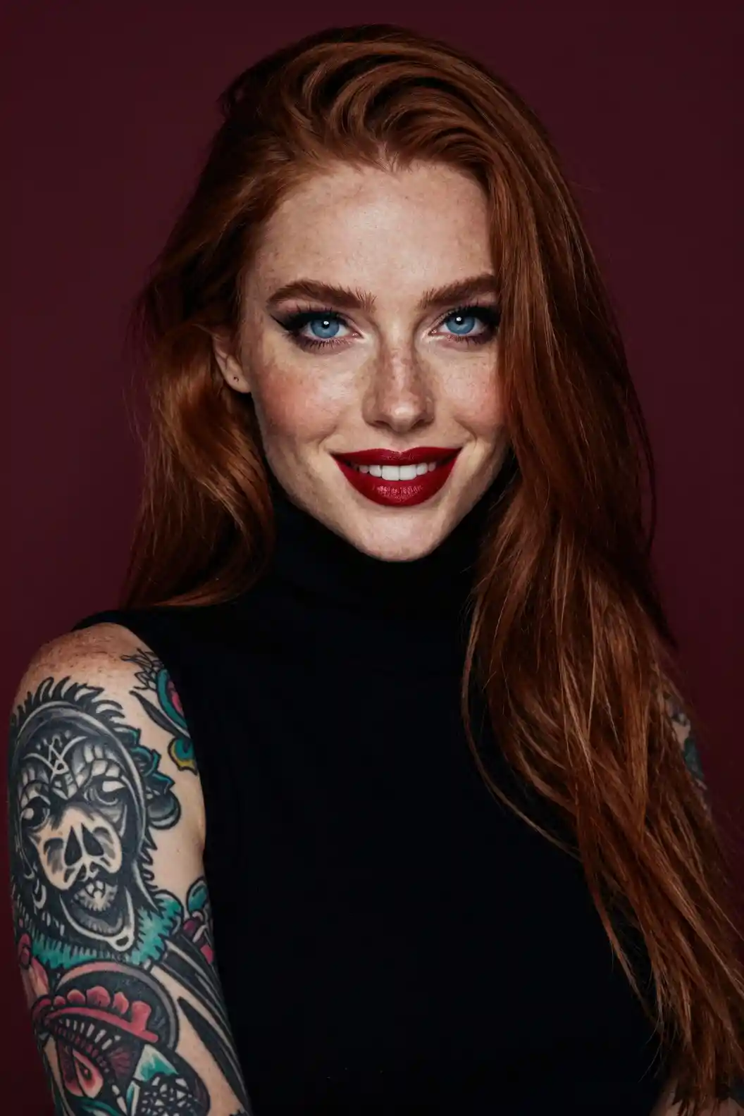 Donna tatuata con occhi azzurri su sfondo borgogna