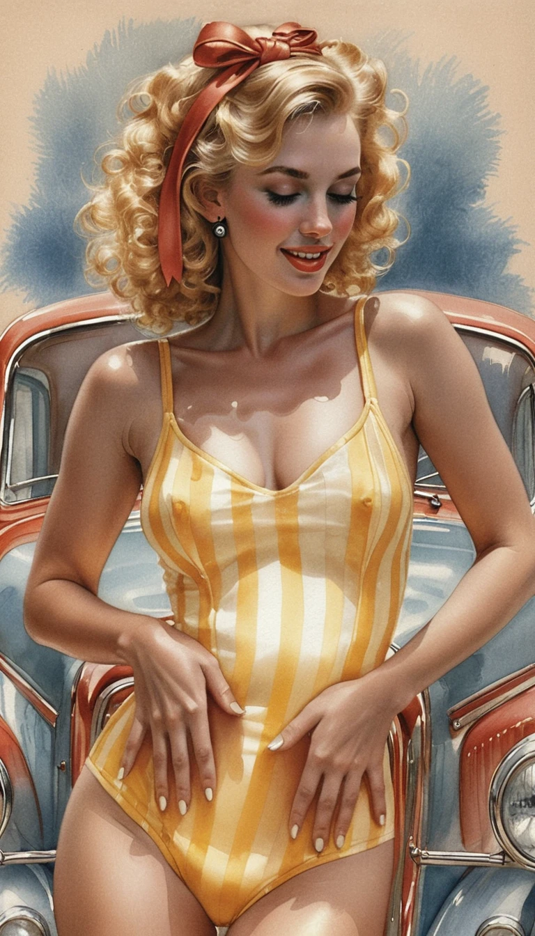 Blonde Frau in rotem Overall an Vintage-Auto – Porträt