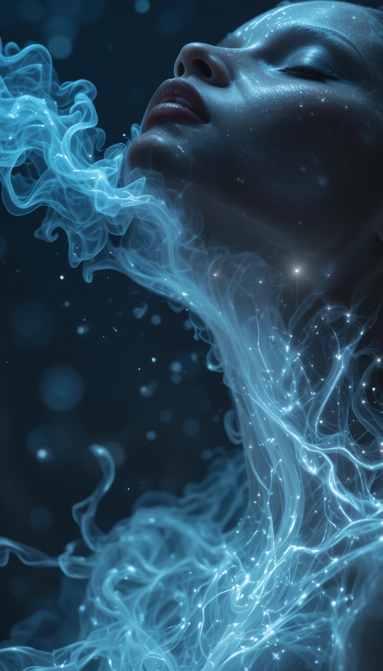 Surreal close up portrait of a woman with ghostly breath