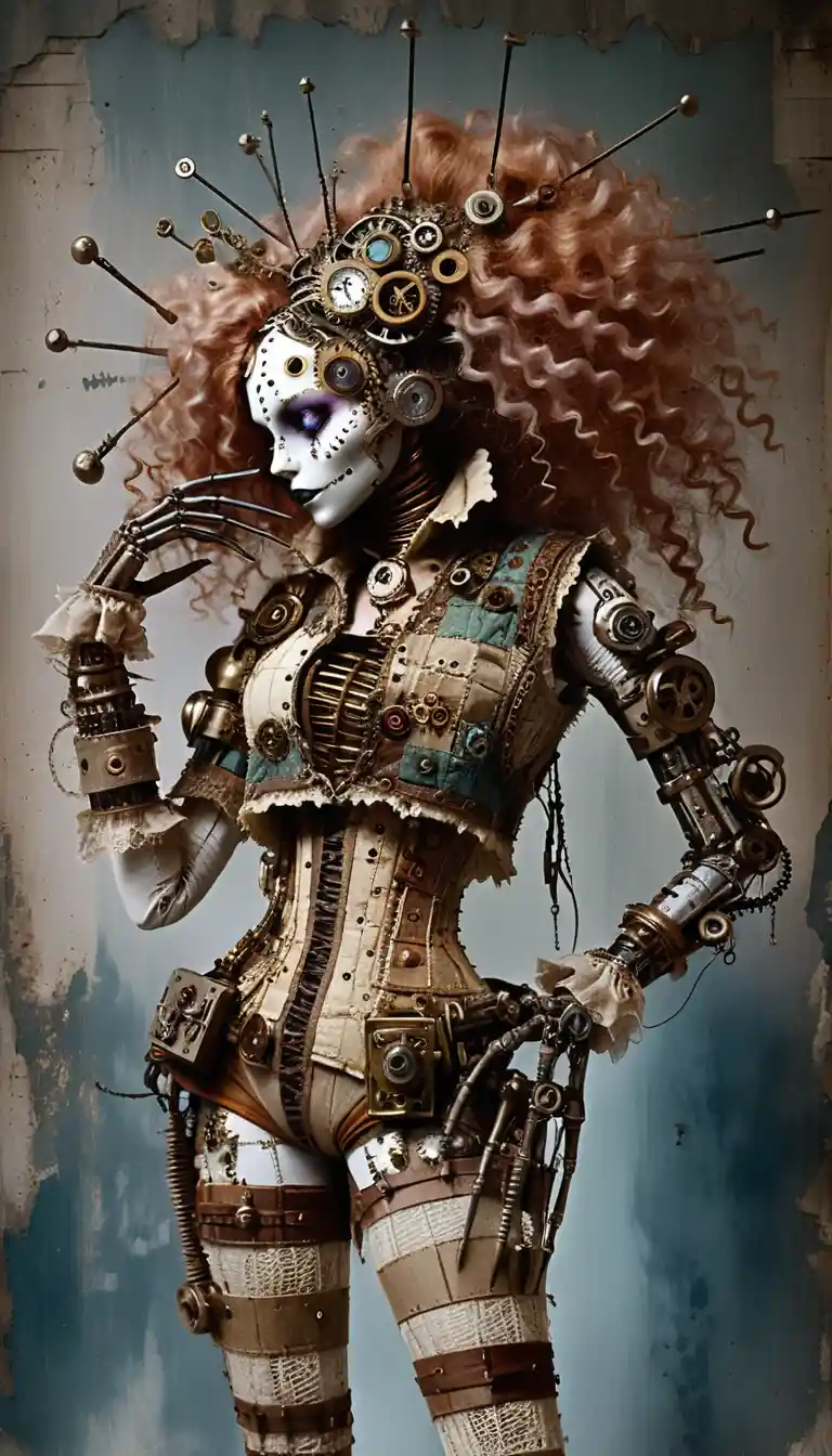 Steampunk gothic ragdoll woman in detailed side profile