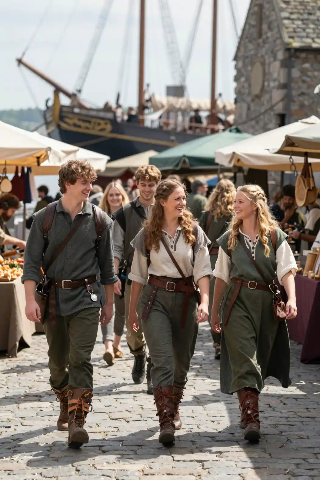 Adventurers Exploring A Sunny Fantasy Market Street Together