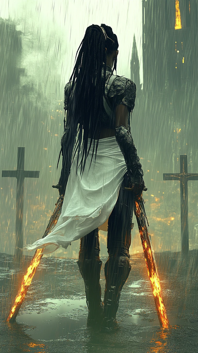 Afrofuturistic warrior woman with blazing sword in the rain