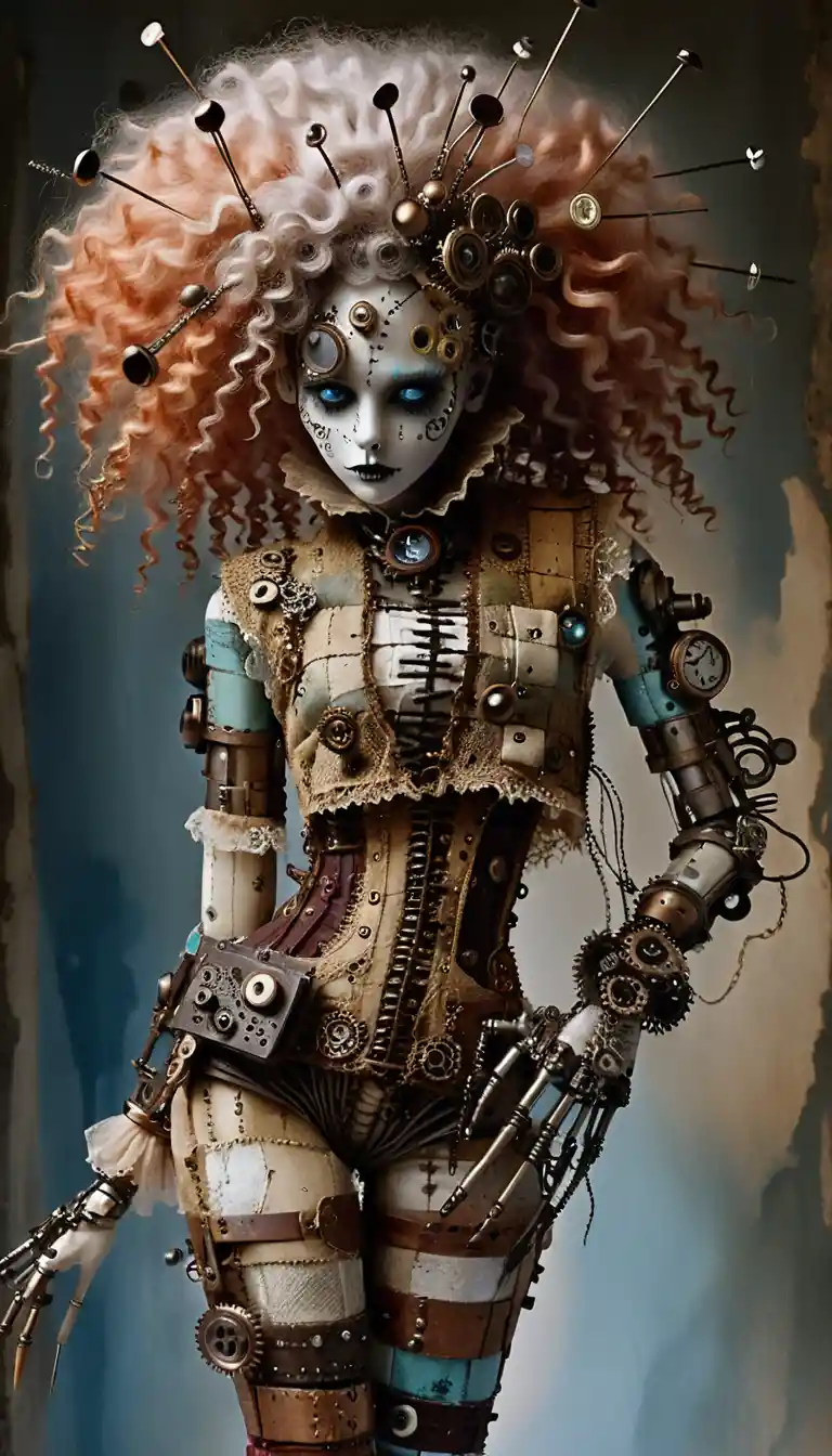 Steampunk gothic ragdoll woman in side profile portrait