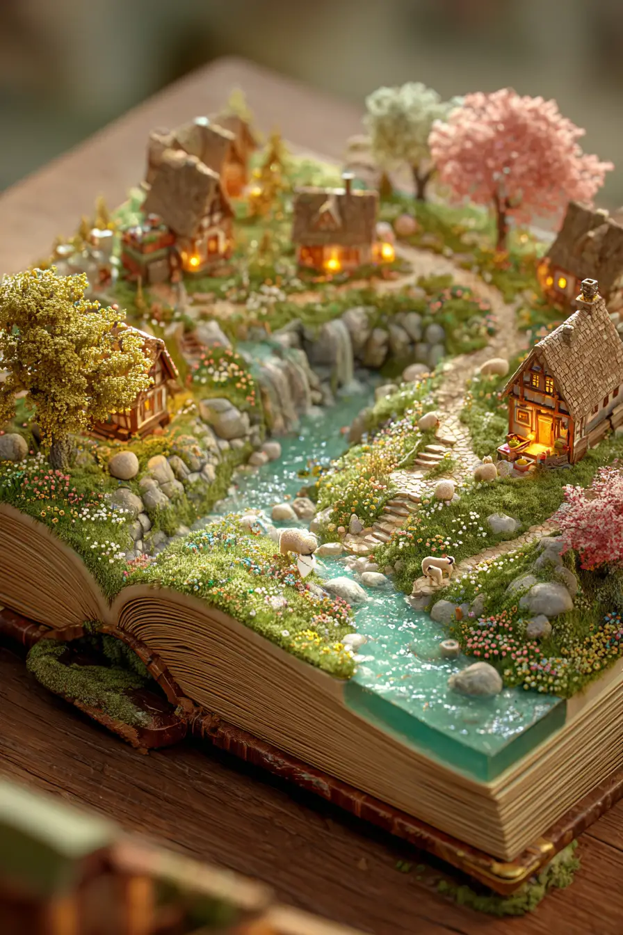 Miniature spring village unfolding from an antique book