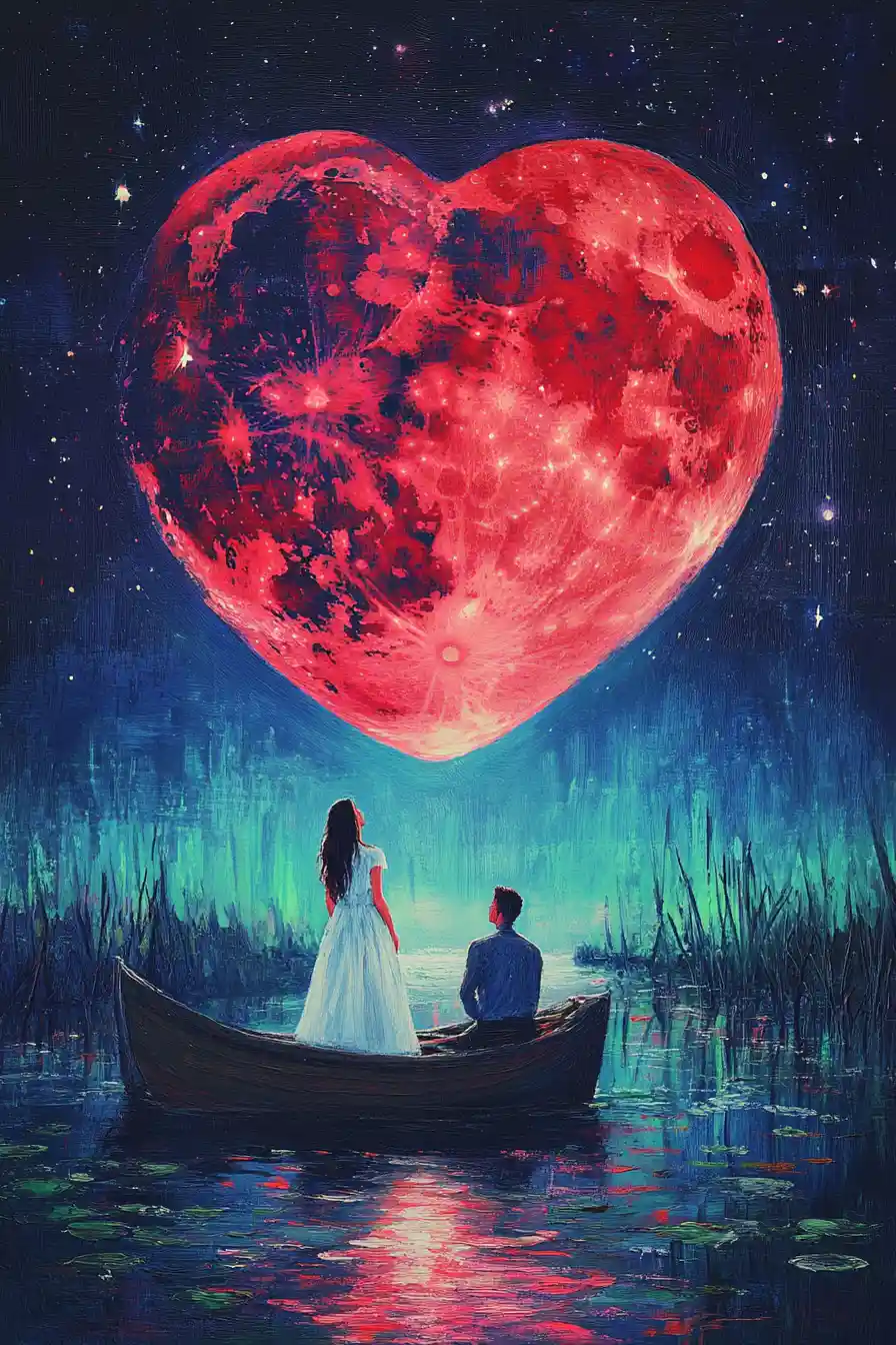 Woman and man in a boat under a red heart moon