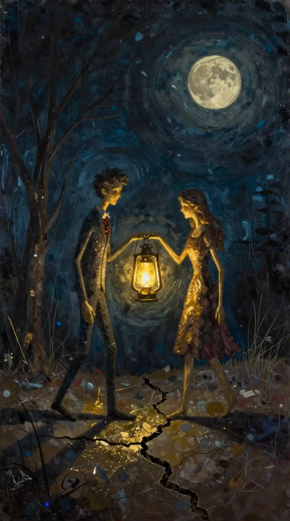 Tall couple sharing a glowing lantern on cracked ground