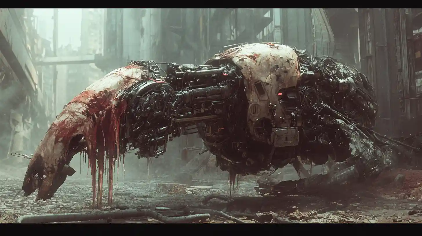 Weathered cyborg warrior in a ruined post apocalyptic city