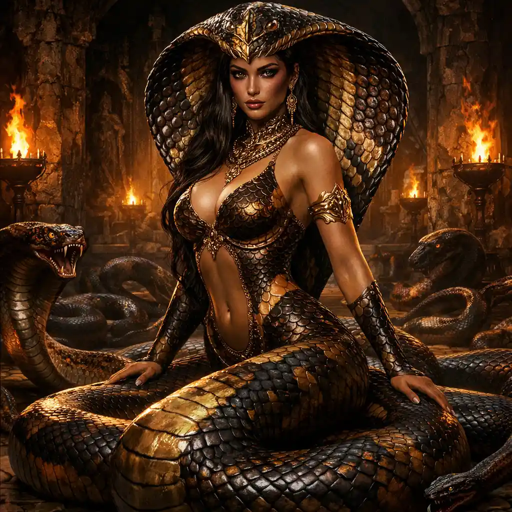Donna serpentina con cappuccio di cobra in una cripta illuminata dalle torce