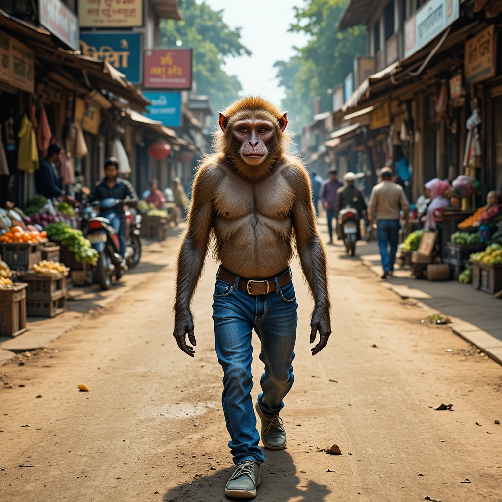 Mono con vaqueros caminando por una concurrida calle de mercado en India