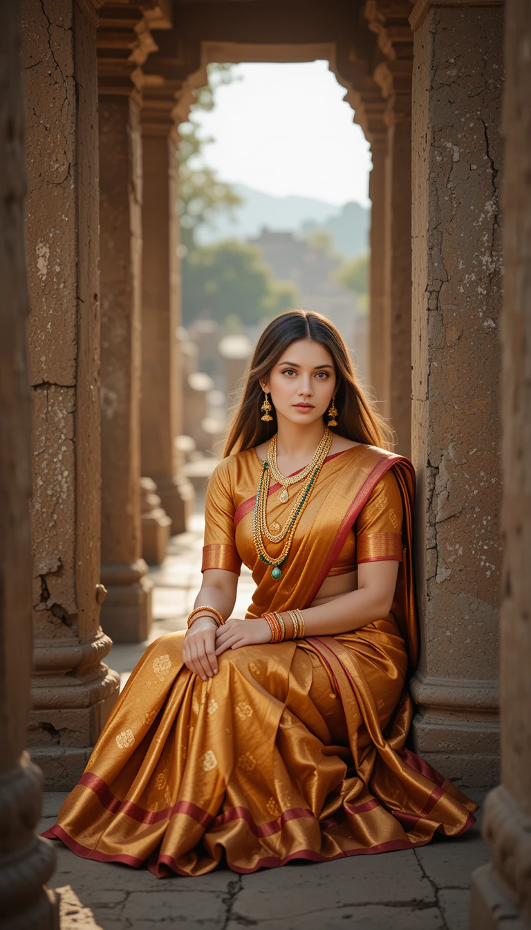 Femme indienne en sari de soie assise près d’un ancien pilier de pierre