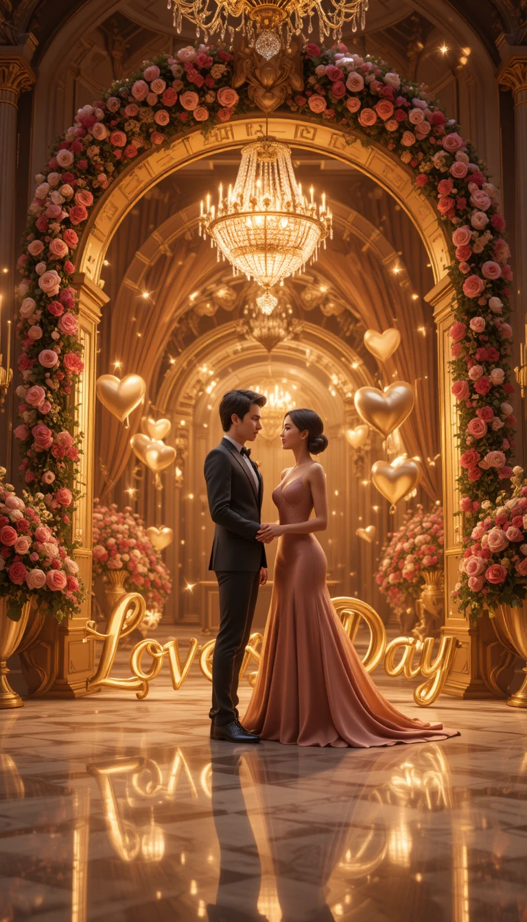 Elegant couple under golden arch on lovers day