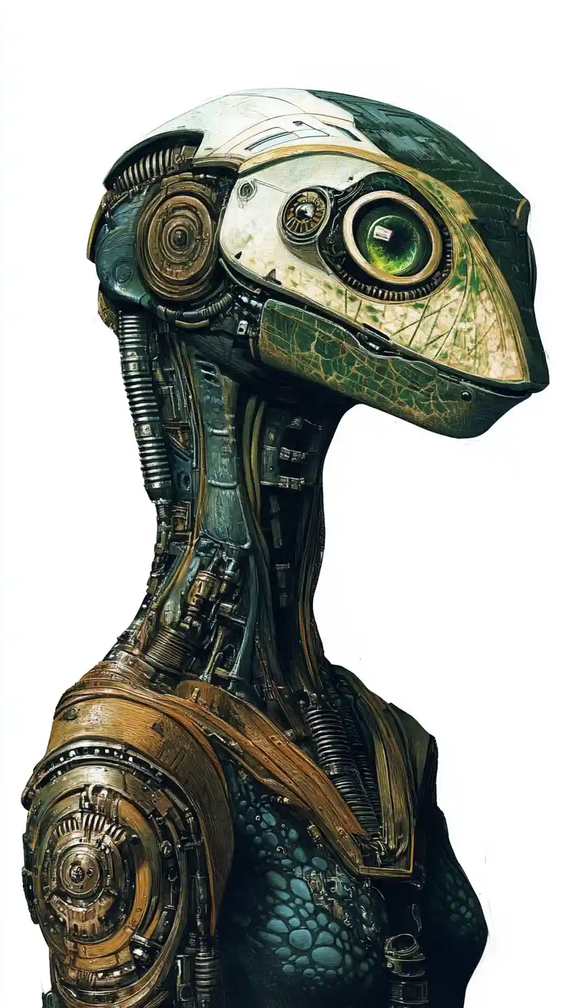 Cinematic portrait of a reptilian cyborg woman in steampunk armor