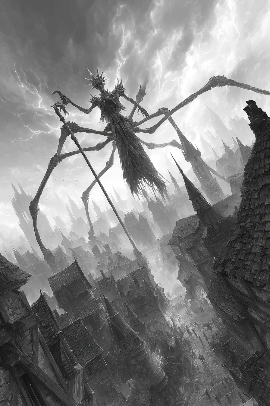 Undead spider queen towering above a ruined medieval town