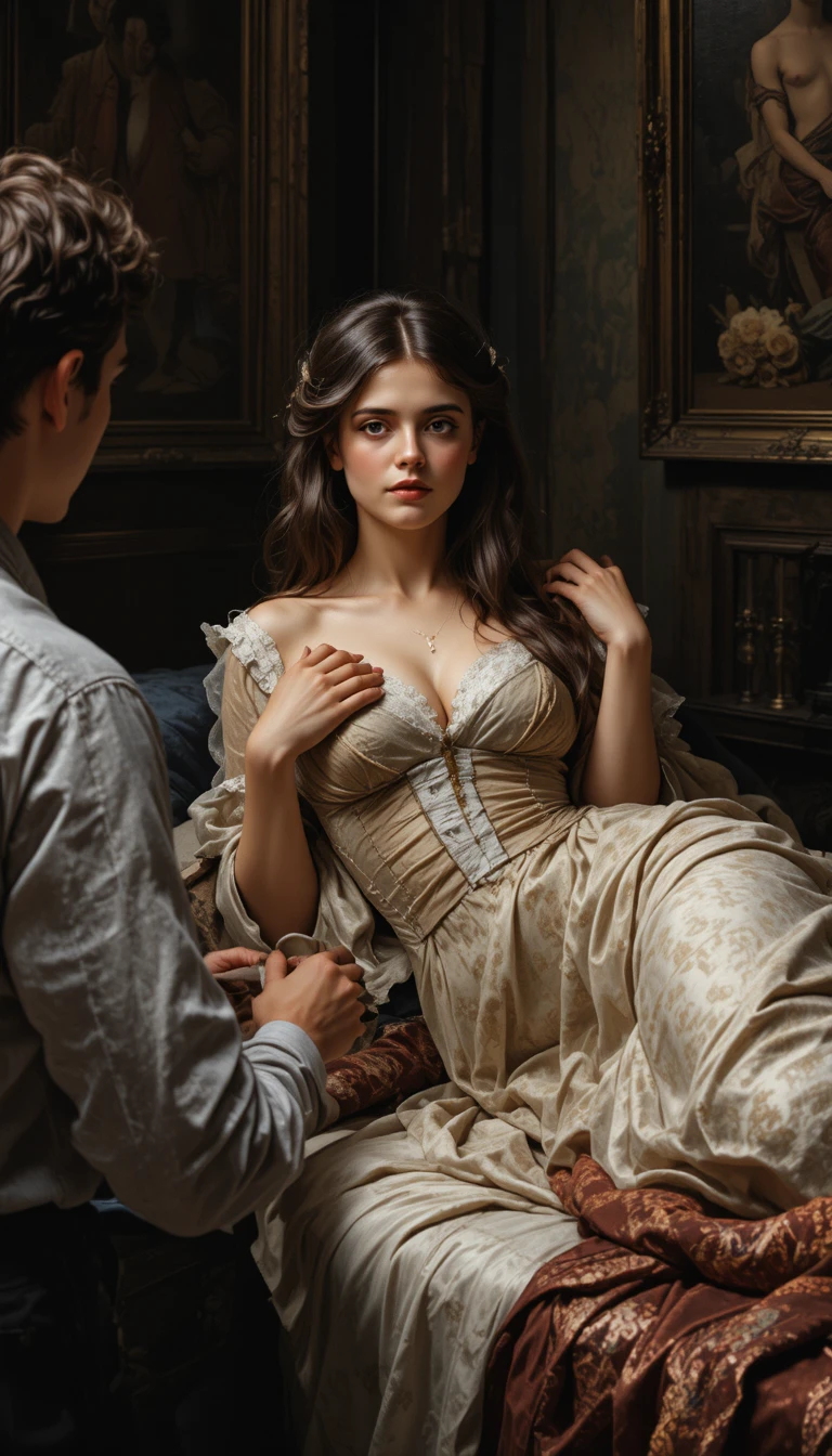 Young european model posing on a bed in an artist studio