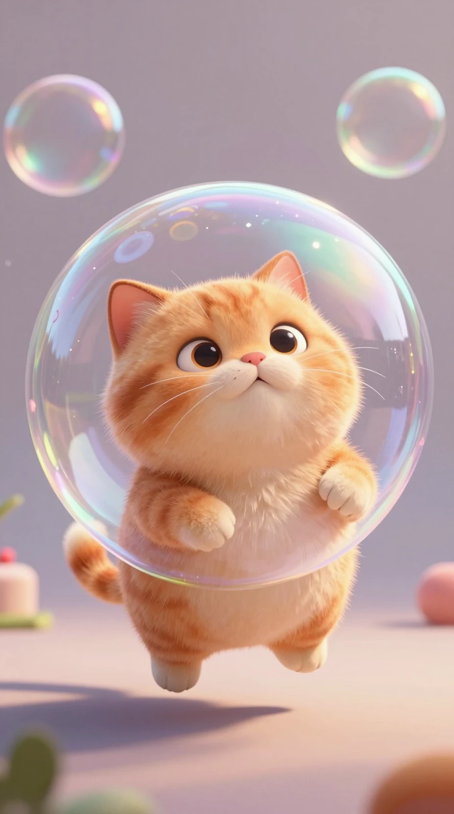 Chubby Orange Cat Floating In A Shimmering Soap Bubble