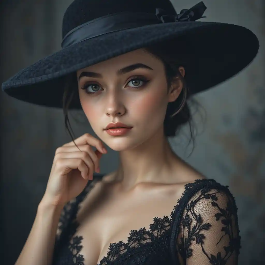 Thoughtful woman in black velvet hat portrait