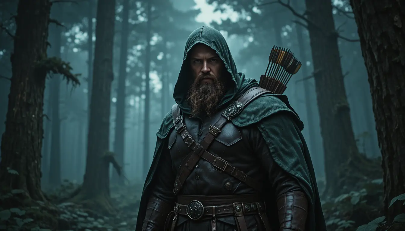 Bearded archer in a green cloak in a misty forest