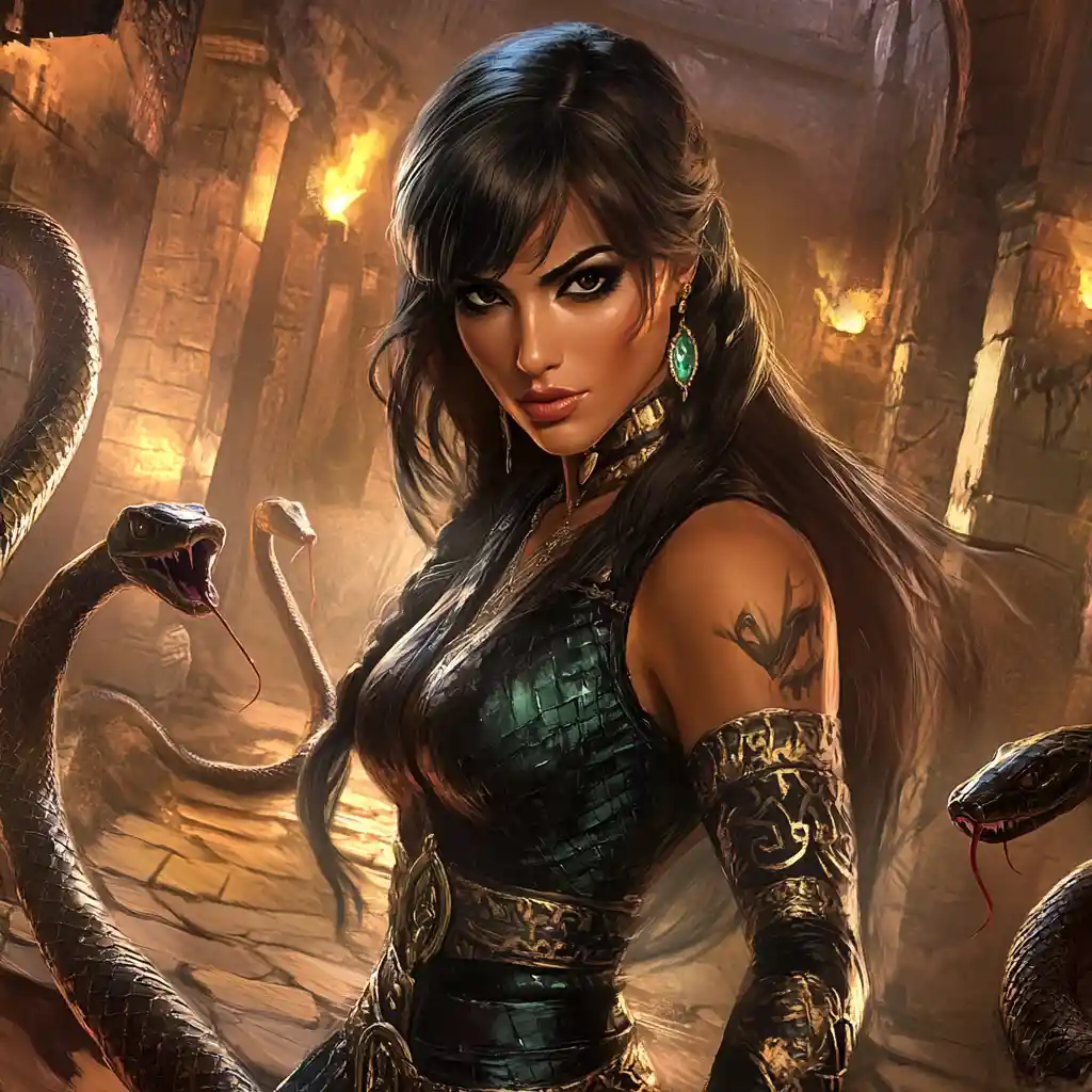 Serpent woman with cobra hood in a dark crypt