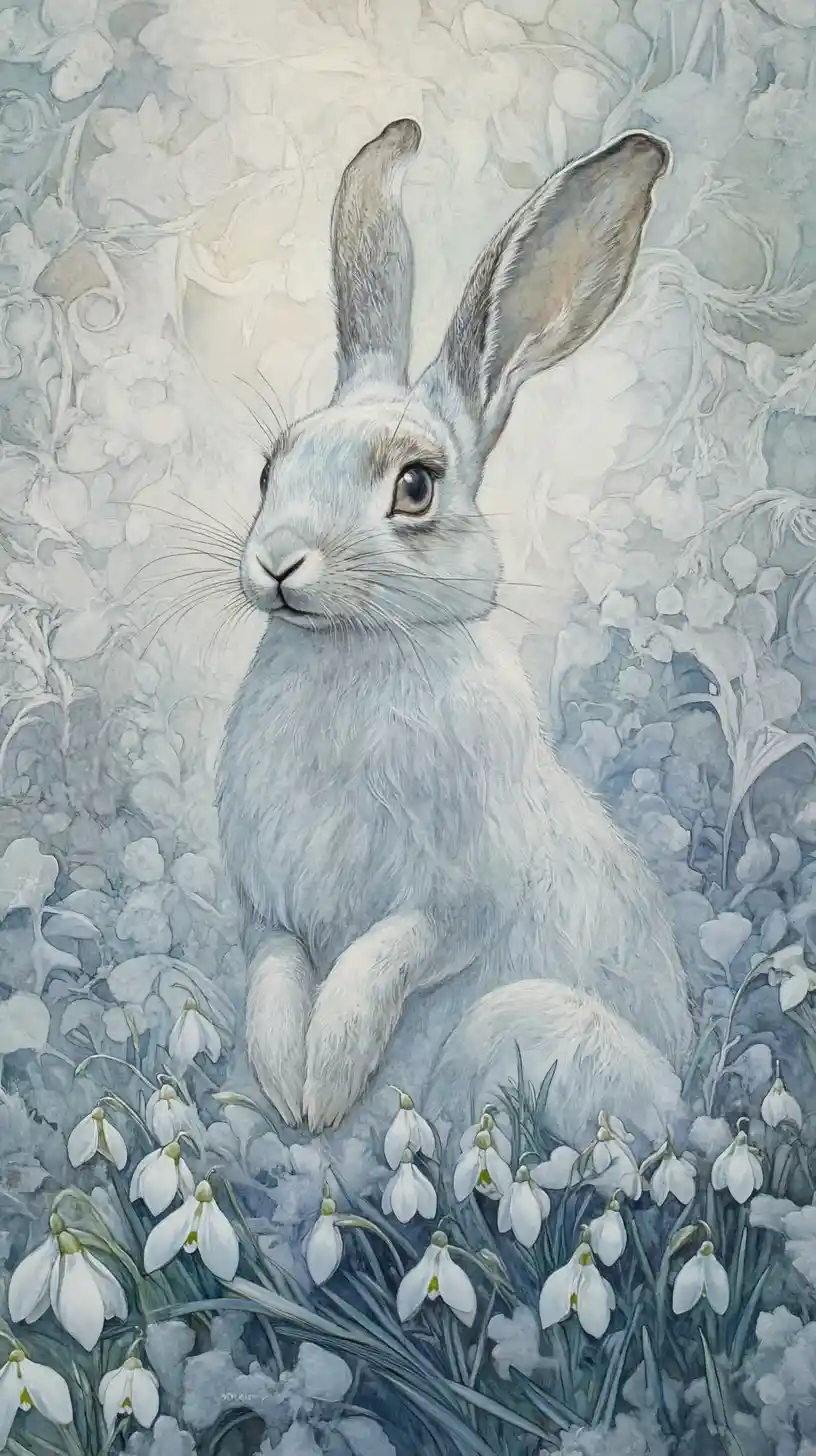 Symbolist painting of a snow hare among delicate snowdrops