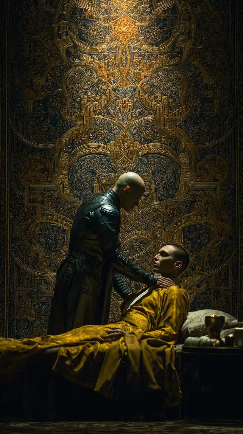 Futuristic guards protect a royal bedroom in cyberpunk palace