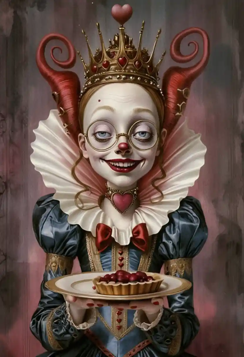 Melancholic queen of hearts with ornate crown and tart