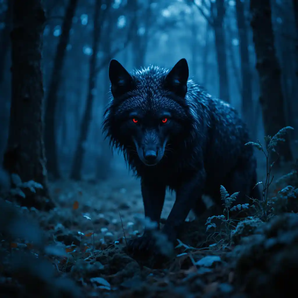 Black wolf with red eyes stalking in a misty forest
