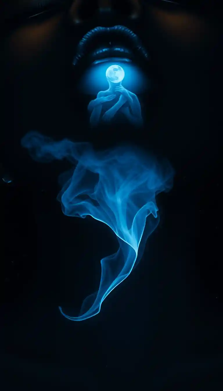 Surreal portrait of a woman with ghostly figure in throat
