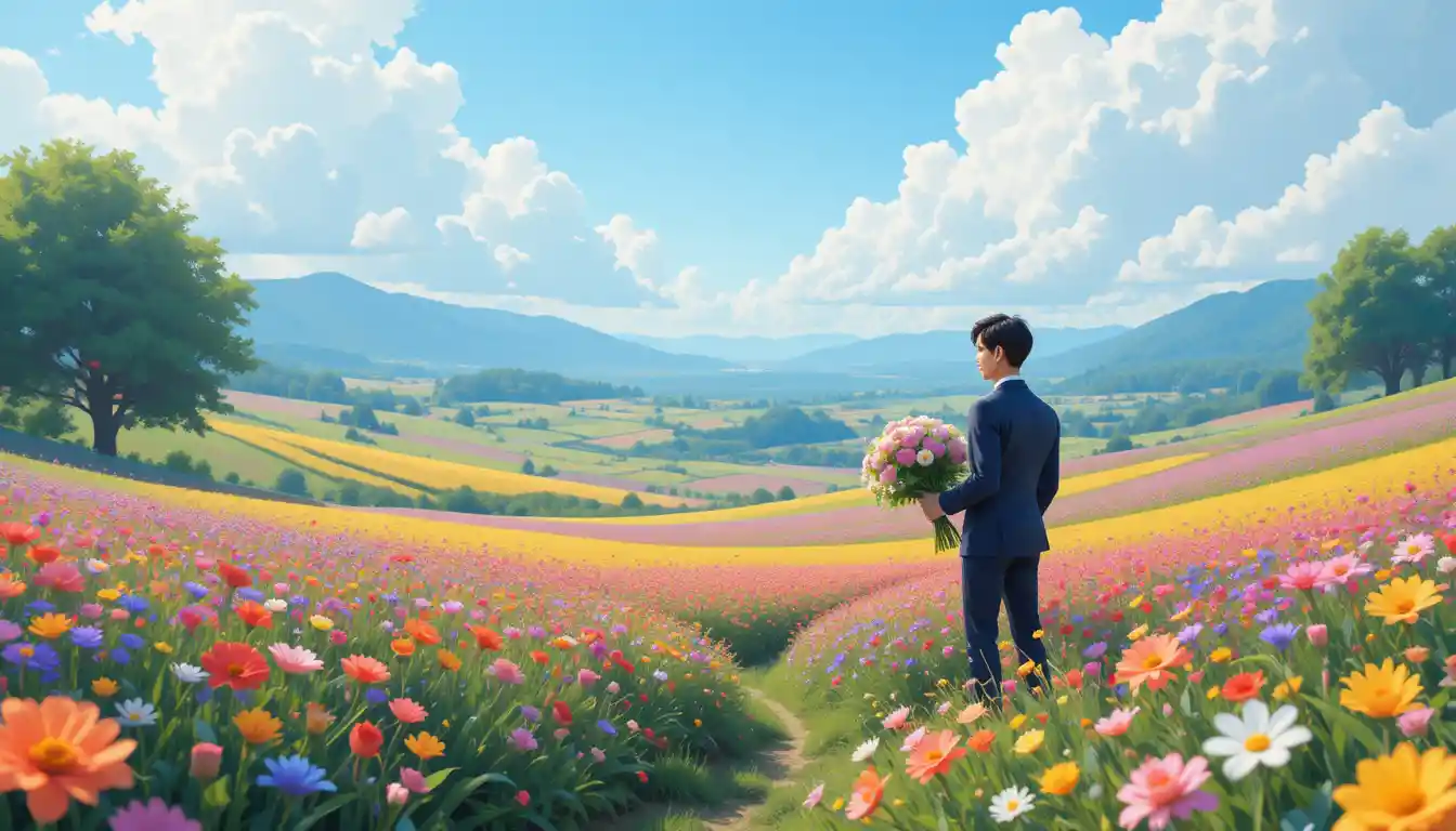 Fantasy woman in flower fields with romantic bouquet