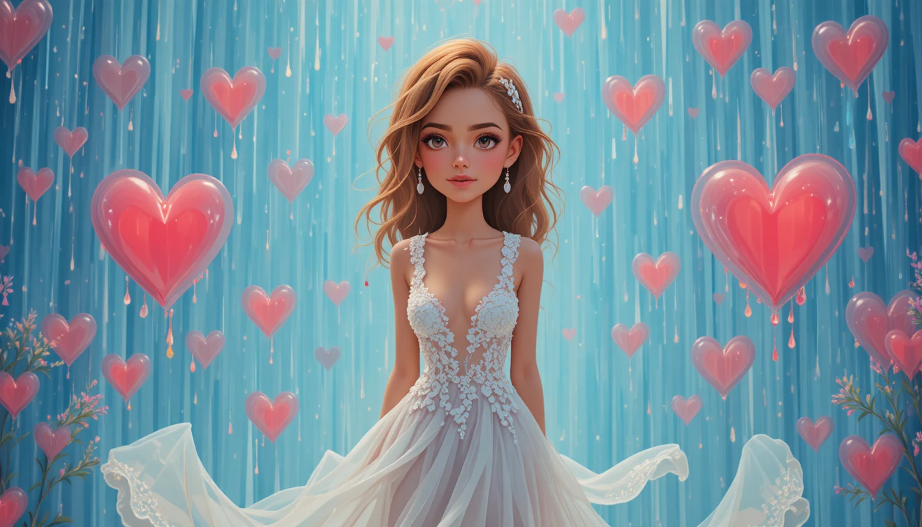 Femme glamour style cartoon avec pluie de cœurs