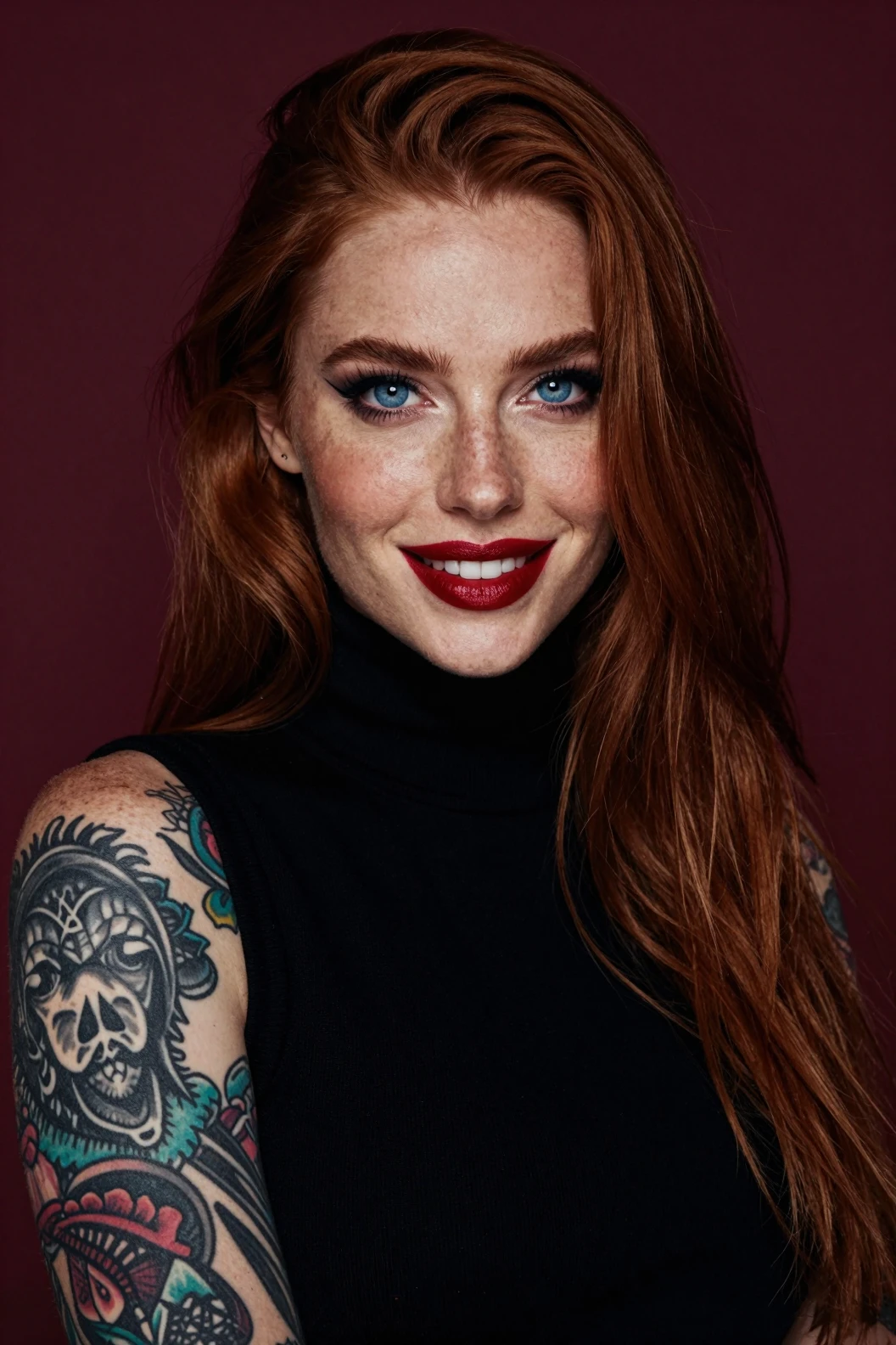 Donna tatuata con occhi azzurri su sfondo borgogna