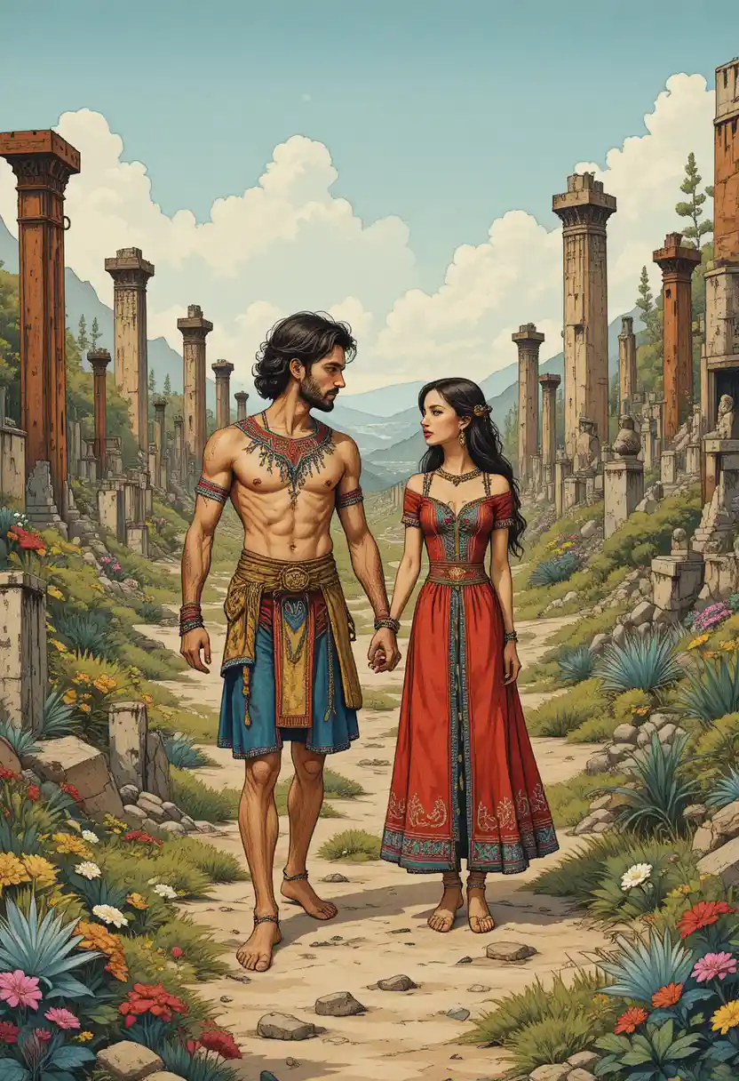 Ilustración folclórica de una pareja en un jardín posapocalíptico