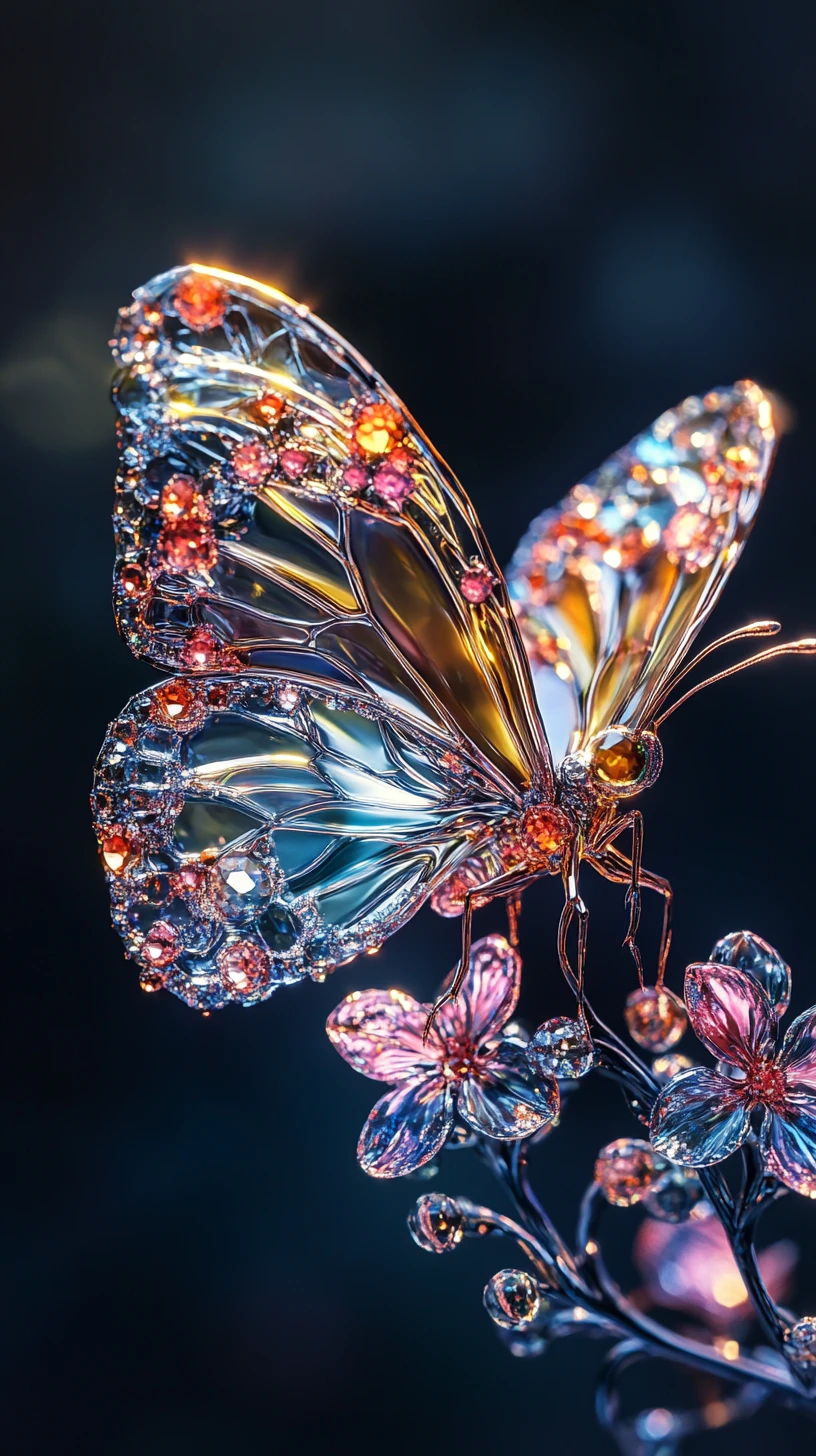 Farfalla di cristallo su ramo floreale luminoso nell’oscurità