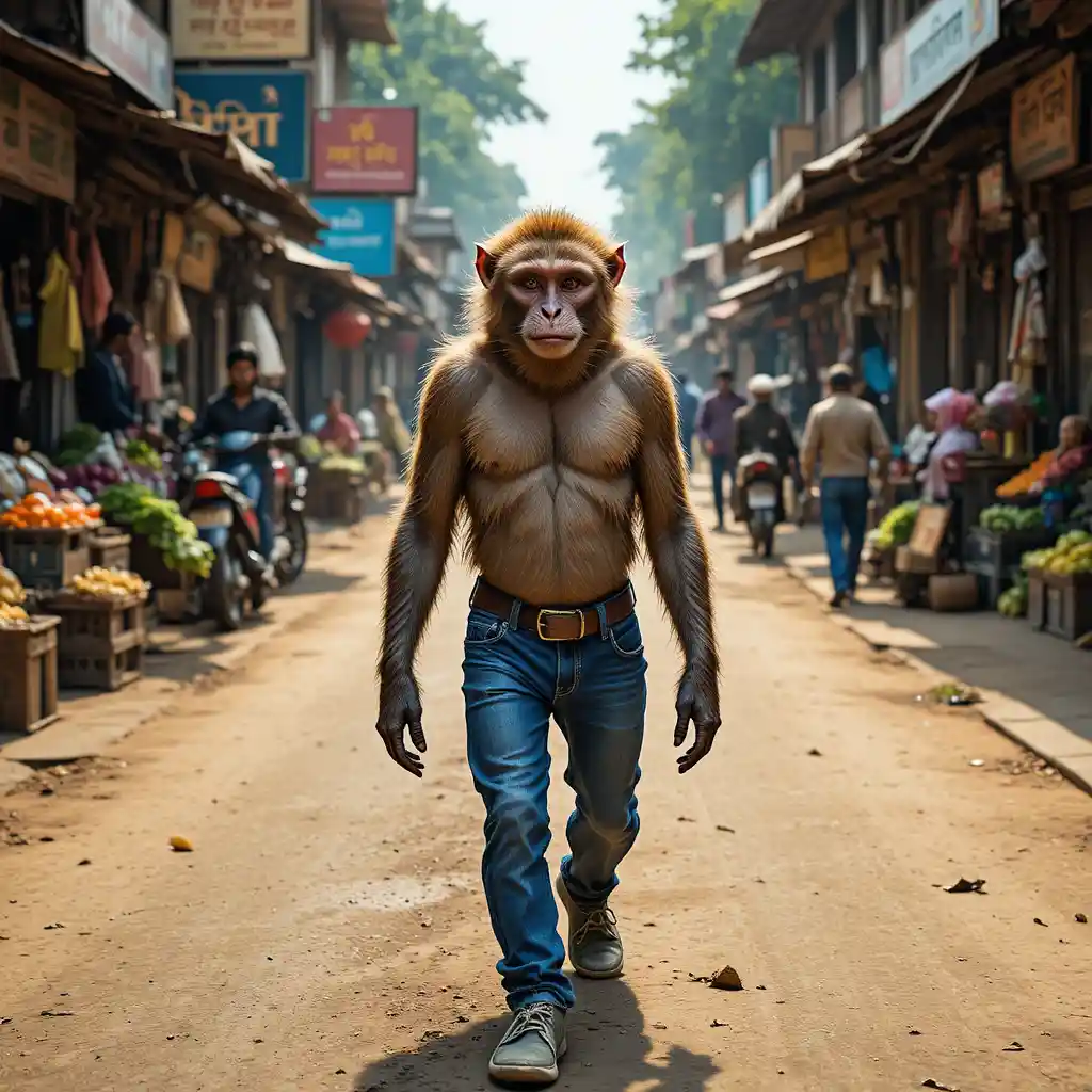 Monkey in jeans walking along a busy Indian market street
