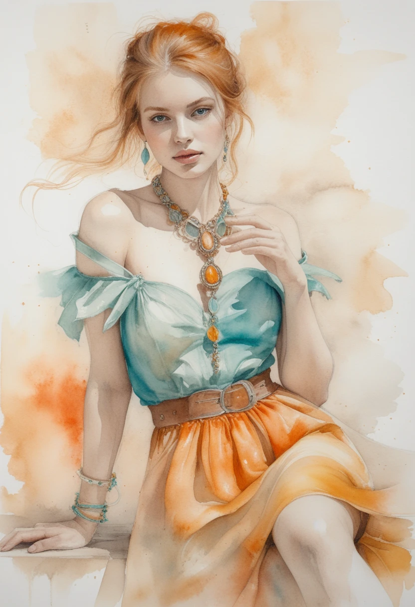 Chica pelirroja soñadora sentada con un colorido vestido boho