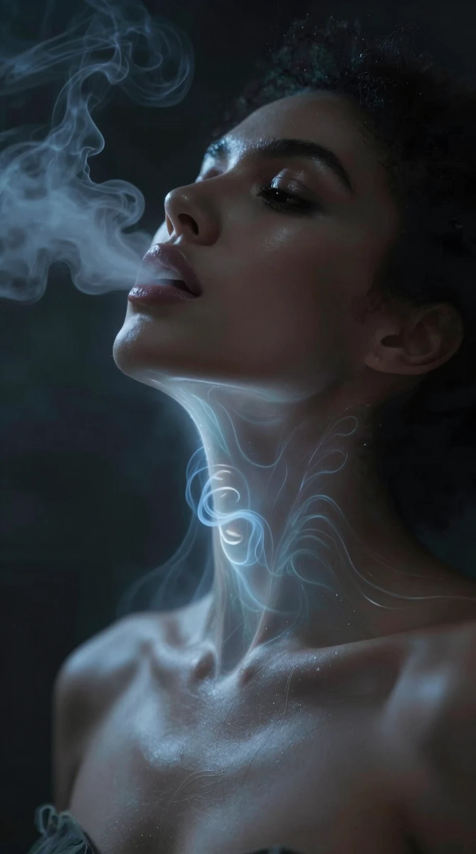 Surreal close up of a futuristic woman with ghostly breath