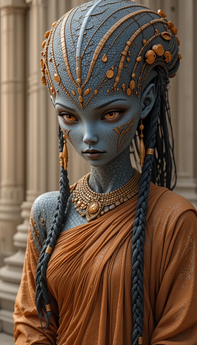 Regal reptilian alien woman in tribal sci fi robes